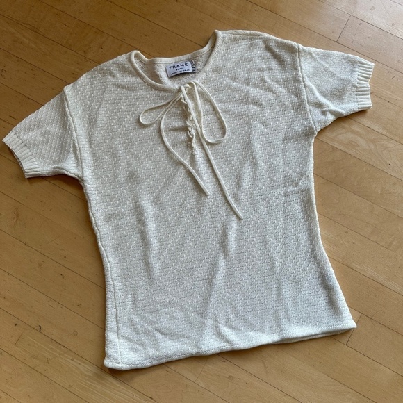 Frame Cream Tight Crochet Knit Lace Up Short Sleeve , XS. GD873 - Picture 2 of 6